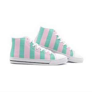 Ken‘s pink and green stripe -Unisex High Top Canvas Shoes